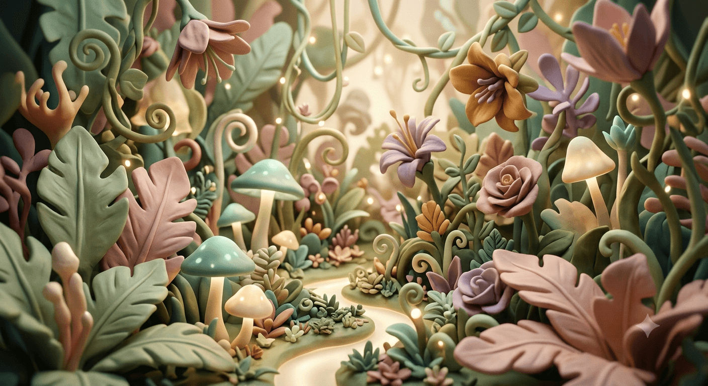 A miniature clay-sculpted jungle of luminous mushrooms and blooms